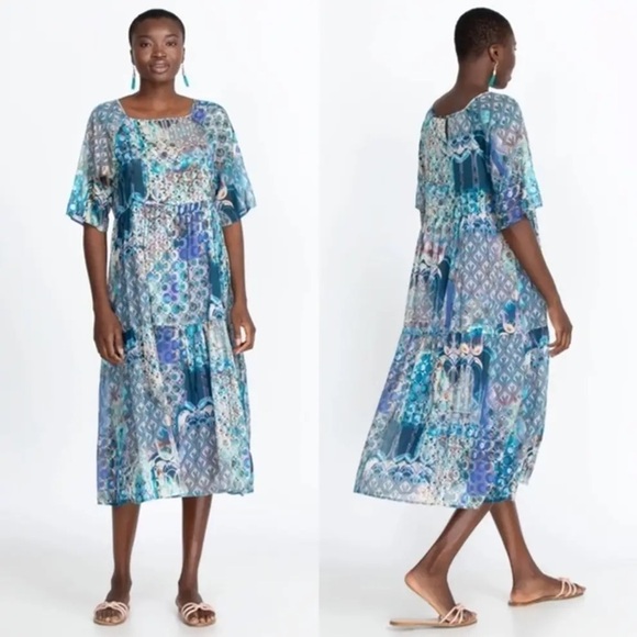 JOHNNY WAS Workshop Klodi Raglan Tiered Midi Dress Size M Tropical Vacation Blue - Picture 3 of 15